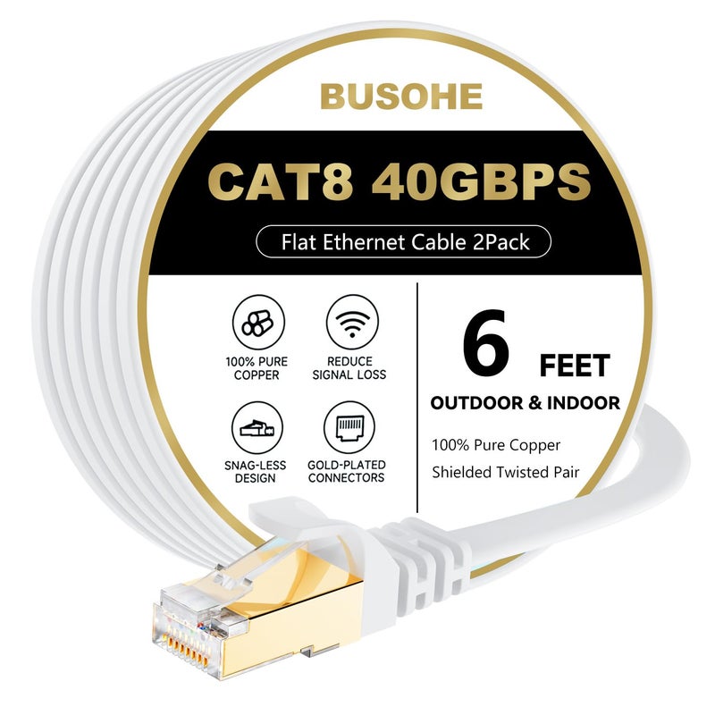 BUSOHE Cat 8 Ethernet Cable 6 FT 2Pack, 40Gbps 2000Mhz High Speed Flat Cat8 Cable Patch Cord with Gold-Plated RJ45 Connector, LAN Network Internet Cable for Router/Gaming/Computer, S/FTP - Image 1